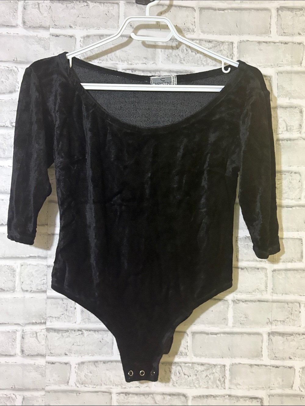 Christine Alter Ego Velvet Scoop Neck Black Bodysuit with 3/4 Sleeves, small